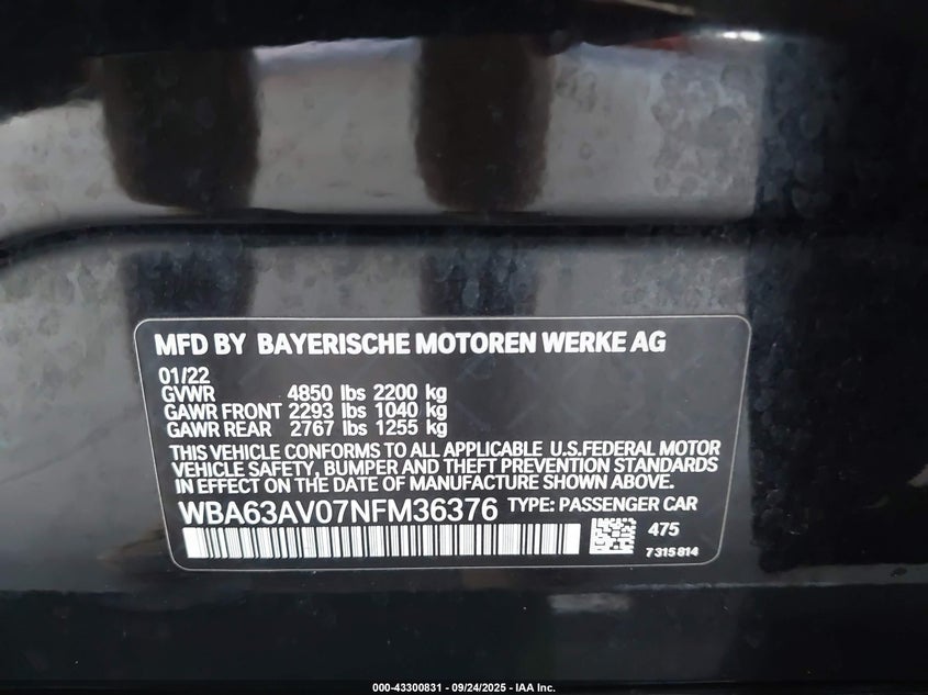 2022 BMW 430I GRAN COUPE - WBA63AV07NFM36376