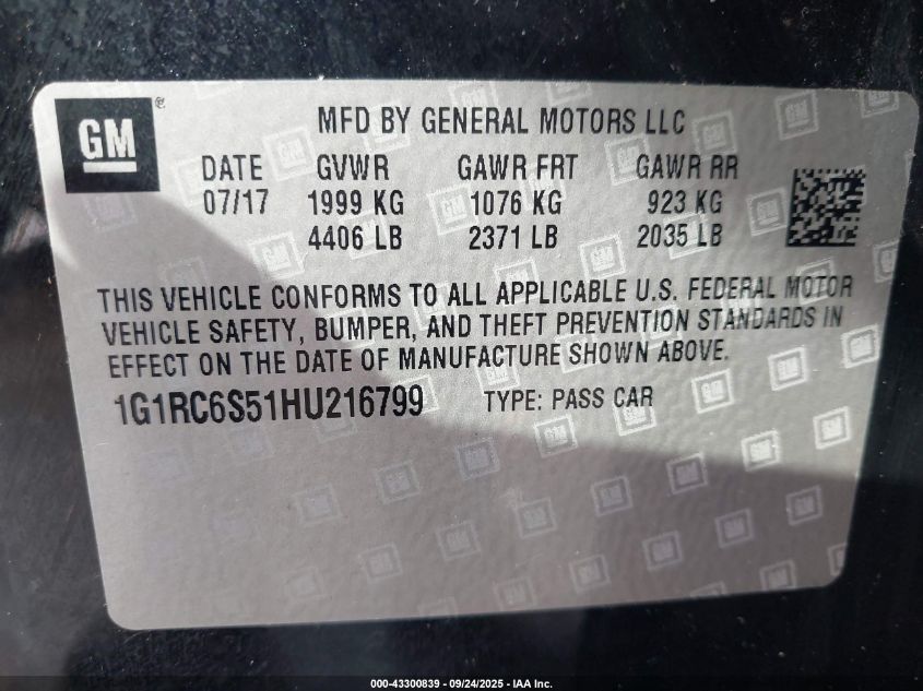 2017 Chevrolet Volt Lt VIN: 1G1RC6S51HU216799 Lot: 43300839