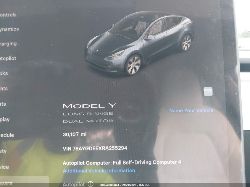 2024 Tesla Model Y Long Range Dual Motor All-Wheel Drive VIN: 7SAYGDEEXRA255294 Lot: 43300864
