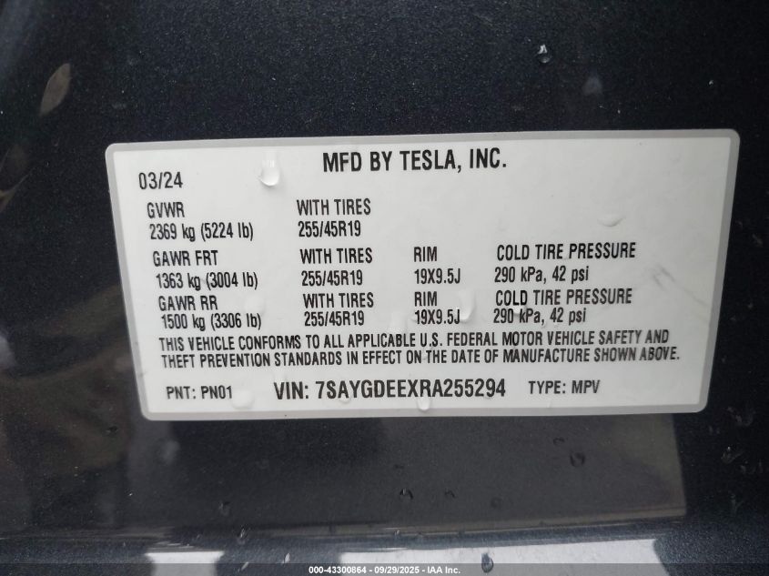 2024 Tesla Model Y Long Range Dual Motor All-Wheel Drive VIN: 7SAYGDEEXRA255294 Lot: 43300864