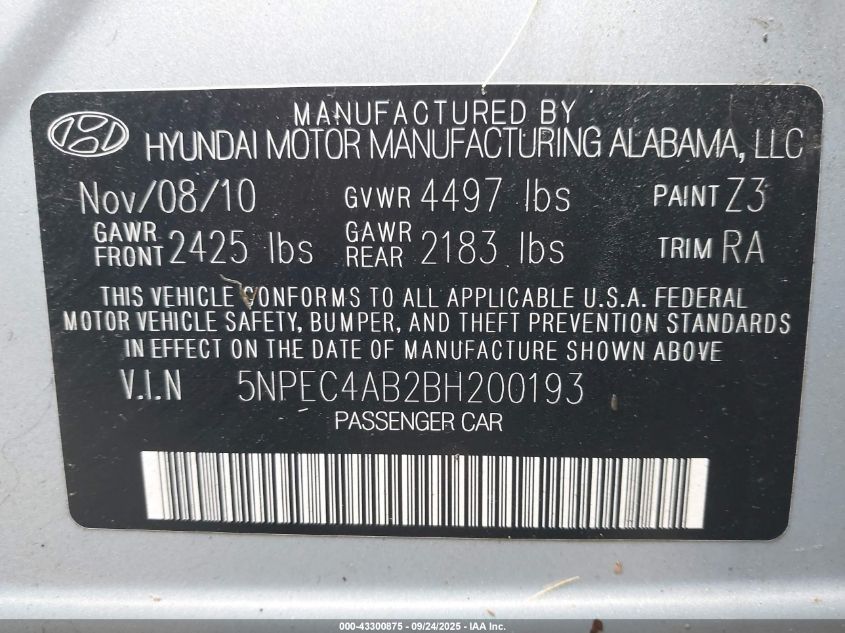2011 Hyundai Sonata Limited 2.0T VIN: 5NPEC4AB2BH200193 Lot: 43300875