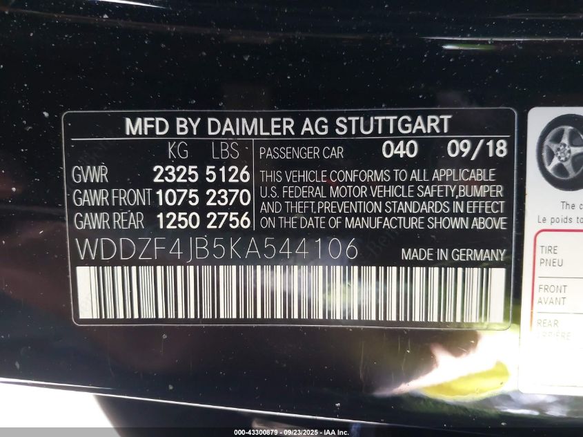 2019 Mercedes-Benz E 300 VIN: WDDZF4JB5KA544106 Lot: 43300879