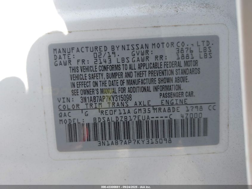 2019 Nissan Sentra Sv VIN: 3N1AB7AP7KY315098 Lot: 43300881