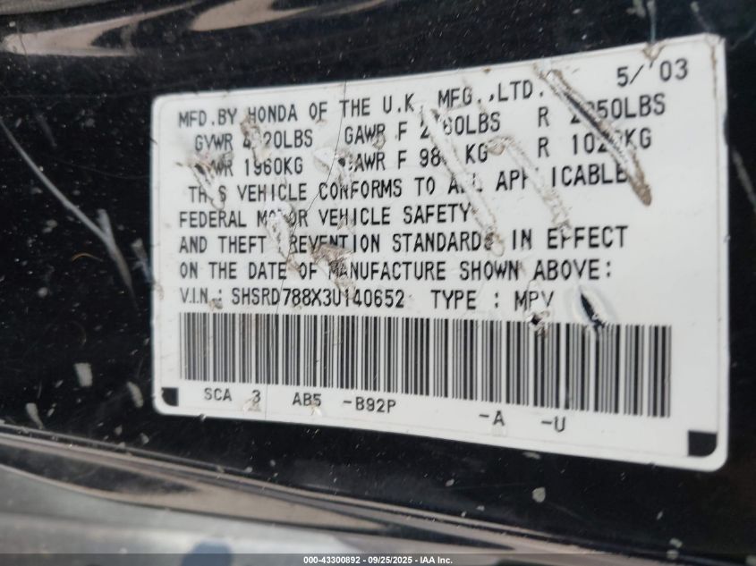 2003 Honda Cr-V Ex VIN: SHSRD788X3U140652 Lot: 43300892