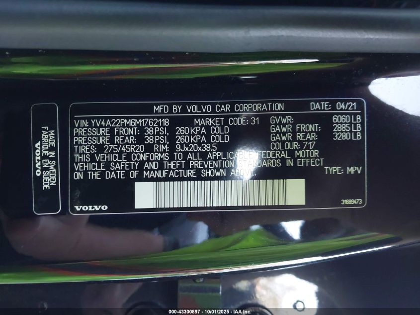 2021 Volvo Xc90 T6 R-Design 7 Passenger VIN: YV4A22PM6M1762118 Lot: 43300897