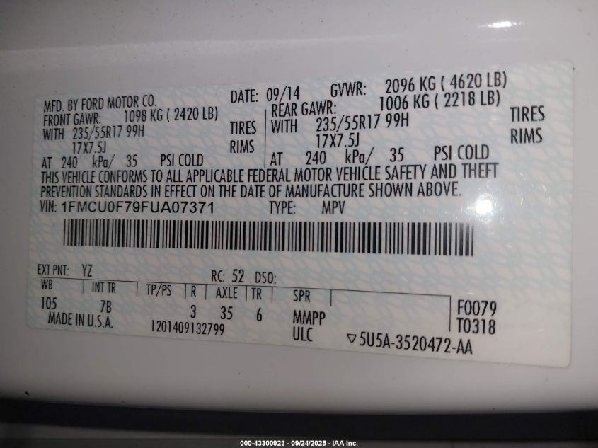 2015 Ford Escape S VIN: 1FMCU0F79FUA07371 Lot: 43300923