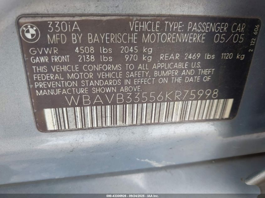 2006 BMW 330I VIN: WBAVB33556KR75998 Lot: 43300926