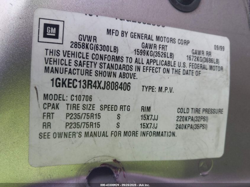 1999 GMC Yukon Sle VIN: 1GKEC13R4XJ808406 Lot: 43300929