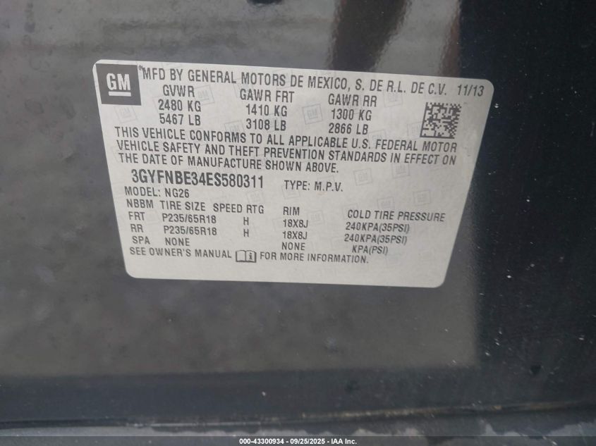 2014 Cadillac Srx Luxury Collection VIN: 3GYFNBE34ES580311 Lot: 43300934