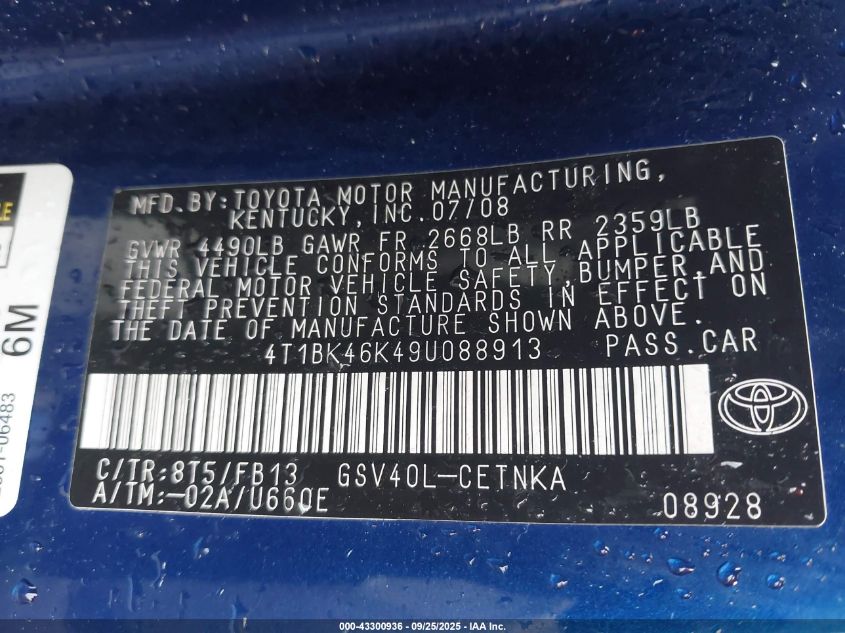 2009 Toyota Camry Le V6 VIN: 4T1BK46K49U088913 Lot: 43300936