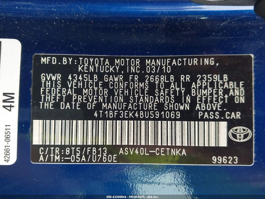 2011 Toyota Camry Le VIN: 4T1BF3EK4BU591069 Lot: 43300944