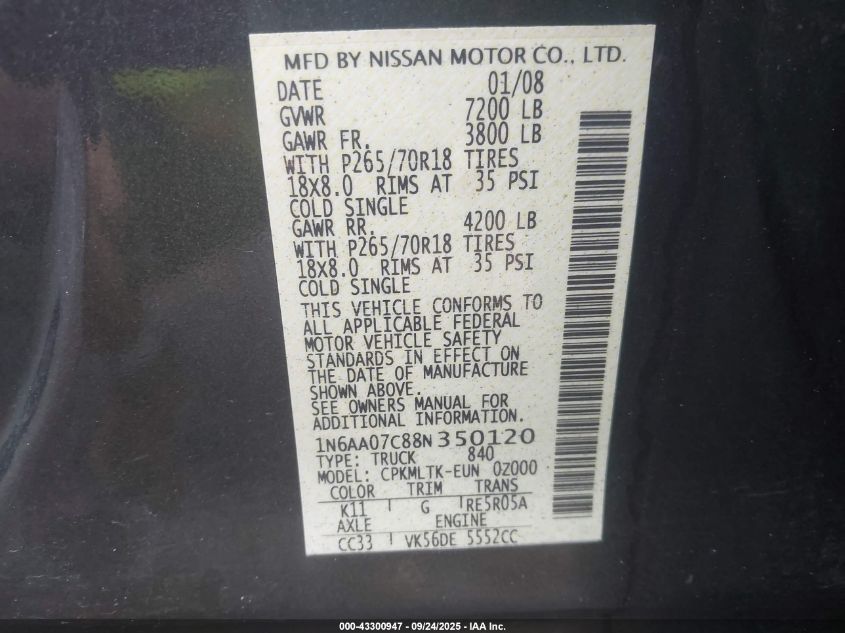 2008 Nissan Titan Le/Pro-4X/Se/Xe VIN: 1N6AA07C88N350120 Lot: 43300947