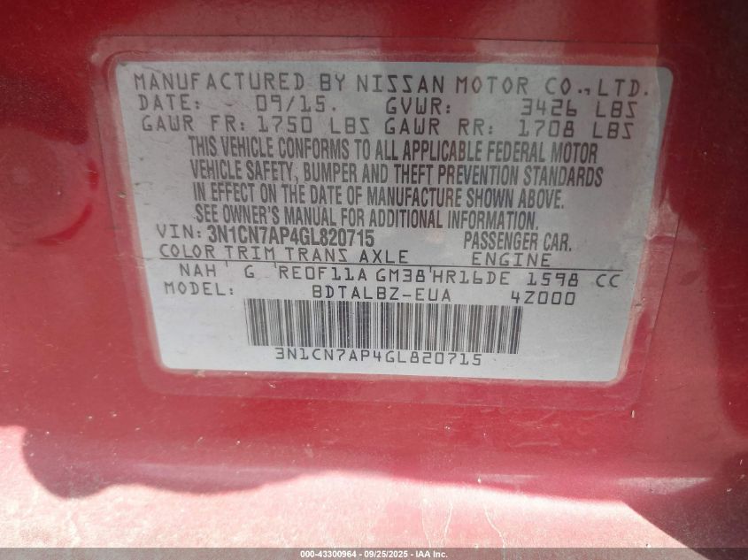 2016 Nissan Versa 1.6 S/1.6 S+/1.6 Sl/1.6 Sv VIN: 3N1CN7AP4GL820715 Lot: 43300964