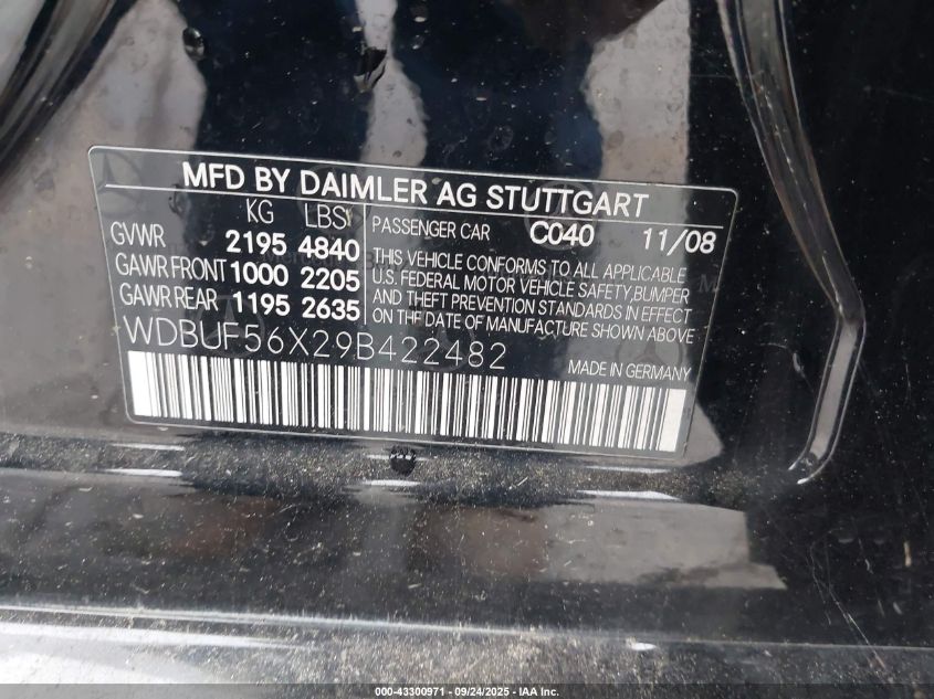 2009 Mercedes-Benz E 350 VIN: WDBUF56X29B422482 Lot: 43300971
