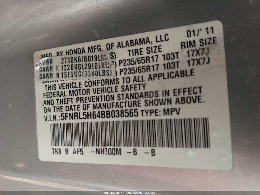 2011 Honda Odyssey Ex-L VIN: 5FNRL5H64BB038565 Lot: 43300977