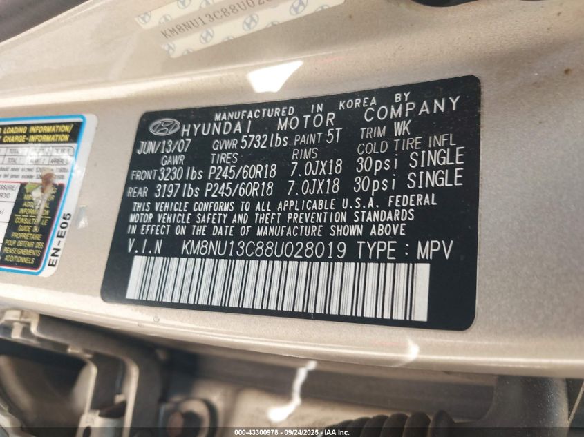 2008 Hyundai Veracruz Gls/Limited/Se VIN: KM8NU13C88U028019 Lot: 43300978