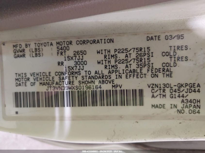 1995 Toyota 4Runner Vn39 Sr5 VIN: JT3VN39WXS0196164 Lot: 43300993