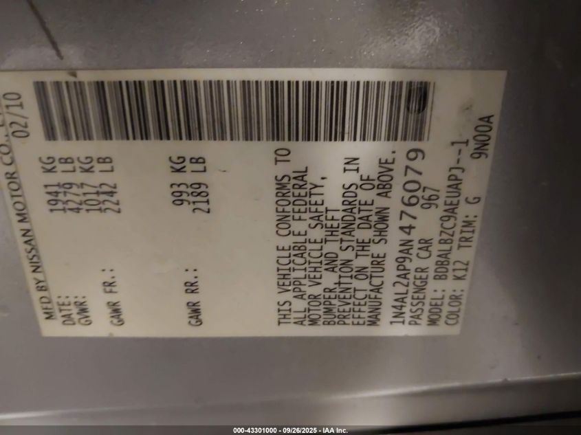 2010 Nissan Altima 2.5 S VIN: 1N4AL2AP9AN476079 Lot: 43301000