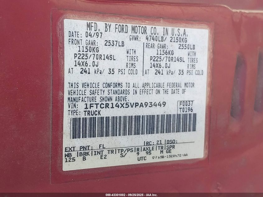 1997 Ford Ranger Splash/Xlt VIN: 1FTCR14X5VPA93449 Lot: 43301002