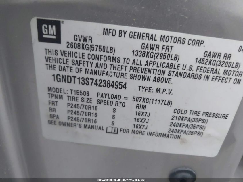 2004 Chevrolet Trailblazer Ls VIN: 1GNDT13S742384954 Lot: 43301003