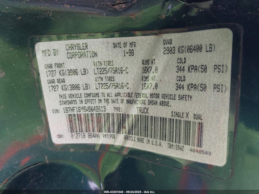 1998 Dodge Ram 1500 St VIN: 1B7HF16Y6WS642613 Lot: 43301040