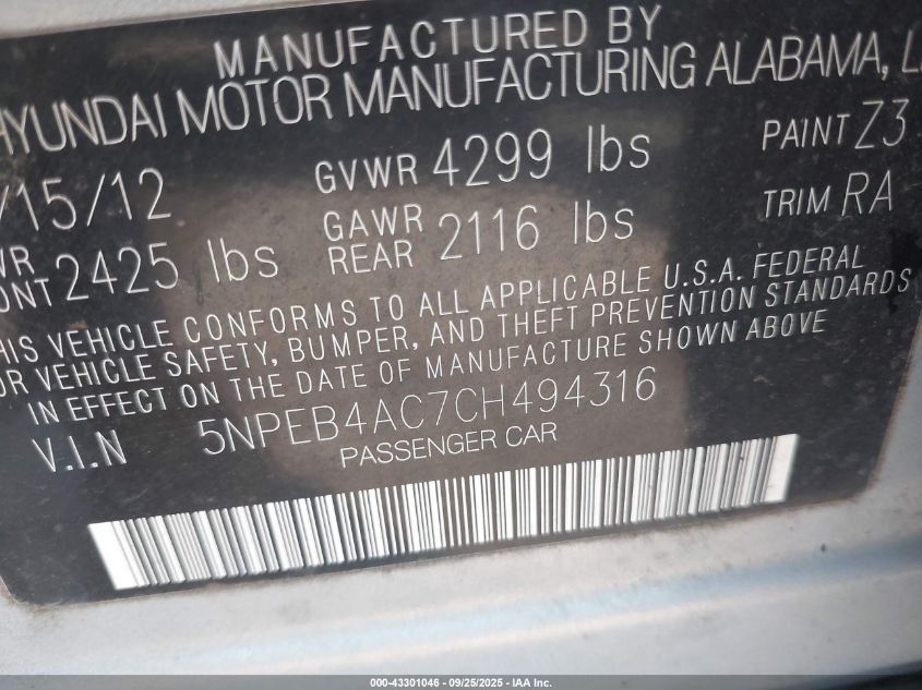 2012 Hyundai Sonata Gls VIN: 5NPEB4AC7CH494316 Lot: 43301046