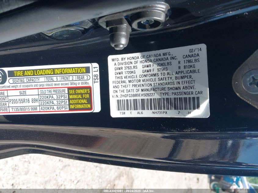 2014 Honda Civic Ex VIN: 2HGFG3B89EH509227 Lot: 43301061