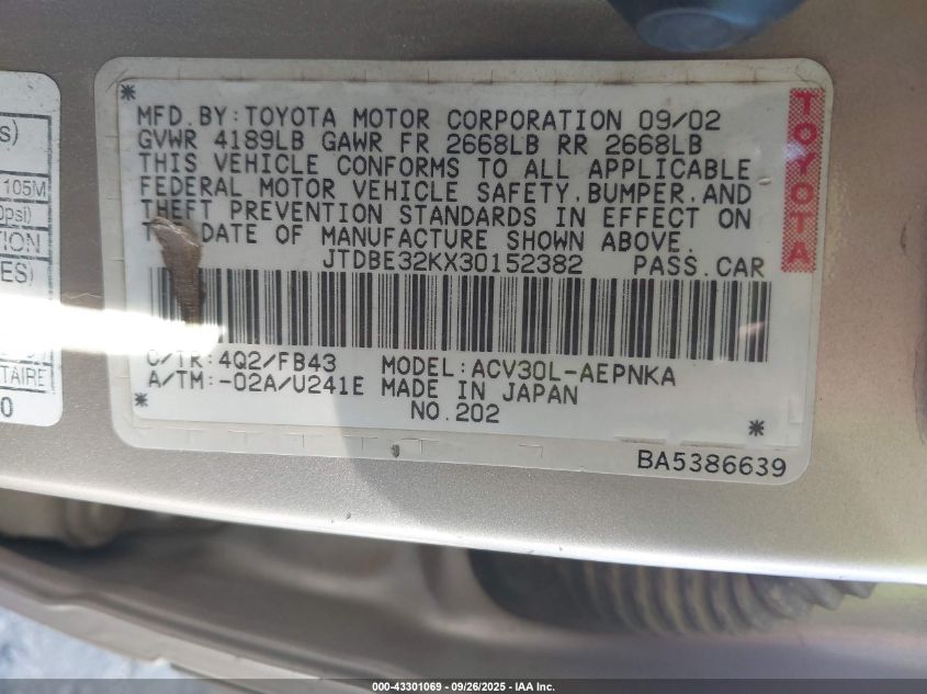 2003 Toyota Camry Le VIN: JTDBE32KX30152382 Lot: 43301069