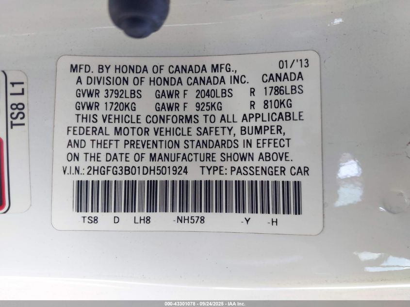 2013 Honda Civic Ex-L VIN: 2HGFG3B01DH501924 Lot: 43301078