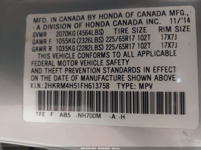 2015 Honda Cr-V Ex VIN: 2HKRM4H51FH613758 Lot: 43301084