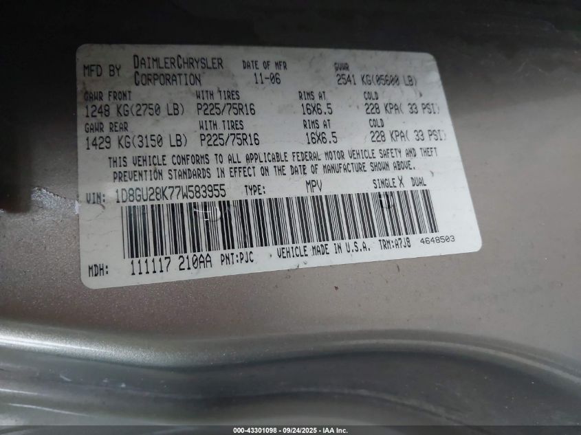 2007 Dodge Nitro Sxt VIN: 1D8GU28K77W583955 Lot: 43301098