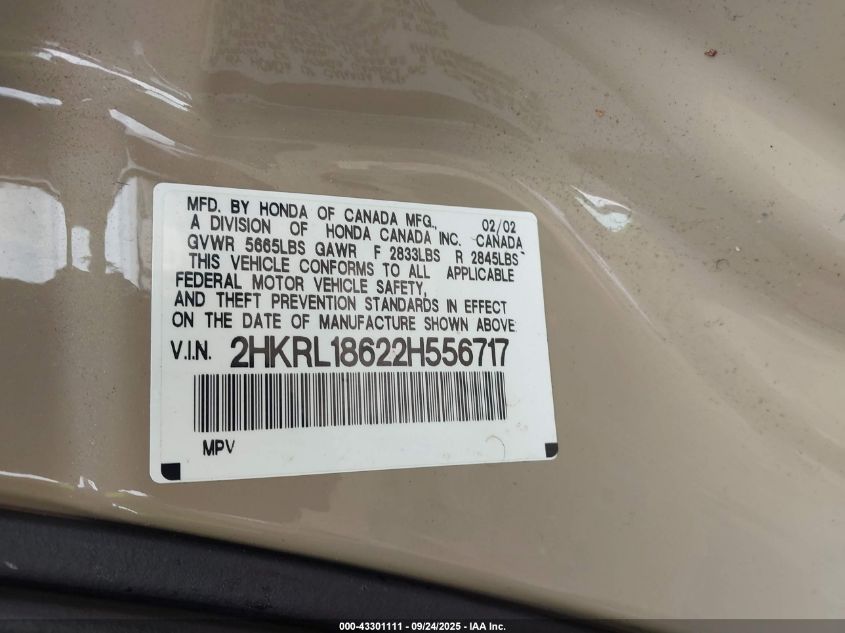 2002 Honda Odyssey Ex VIN: 2HKRL18622H556717 Lot: 43301111