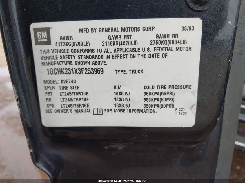 2003 Chevrolet Silverado 2500Hd Ls VIN: 1GCHK231X3F253969 Lot: 43301114