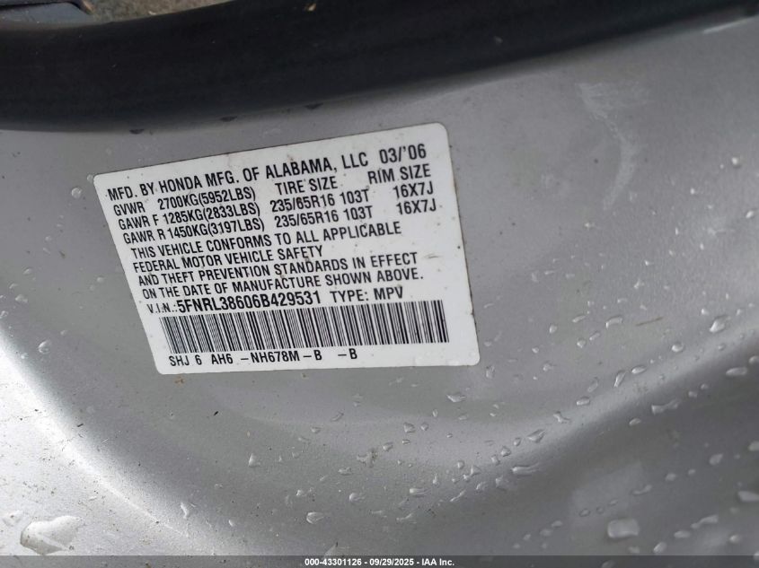 2006 Honda Odyssey Ex-L VIN: 5FNRL38606B429531 Lot: 43301126