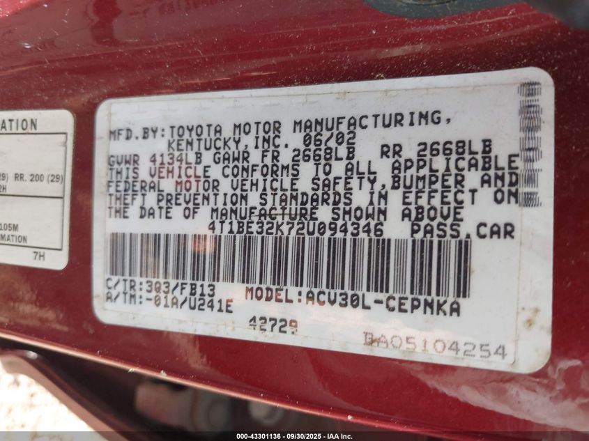 2002 Toyota Camry Le VIN: 4T1BE32K72U094346 Lot: 43301136
