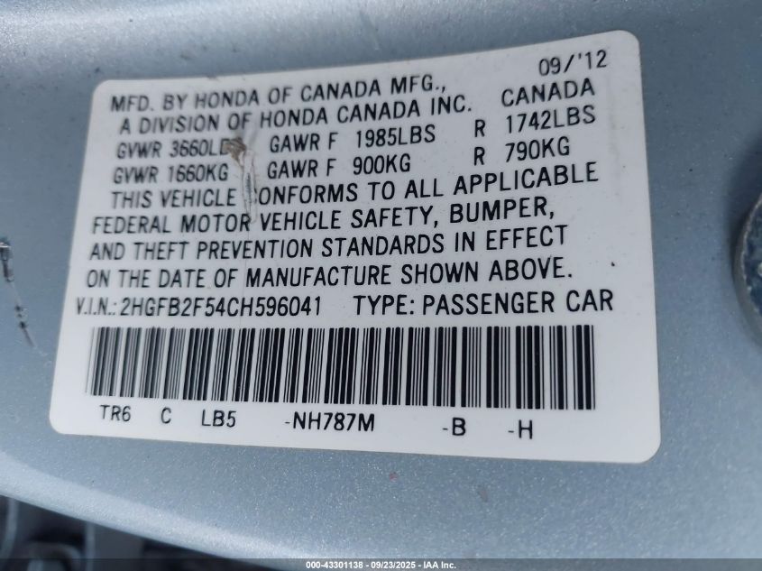 2012 Honda Civic Lx VIN: 2HGFB2F54CH596041 Lot: 43301138