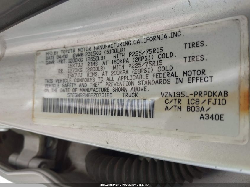 2002 Toyota Tacoma Prerunner V6 VIN: 5TEGN92N62Z073180 Lot: 43301140