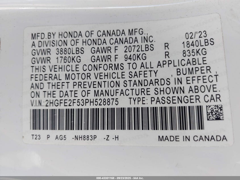 2023 Honda Civic 2.0 Sport White Lot 111043301168 Vin 2HGFE2F53PH528875