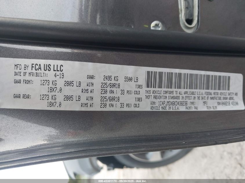 2019 Jeep Cherokee Limited 4X4 VIN: 1C4PJMDX6KD438236 Lot: 43301170