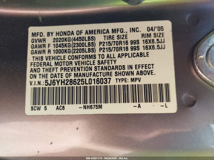 2005 Honda Element Ex VIN: 5J6YH28625L016037 Lot: 43301174