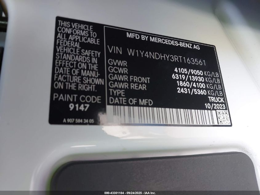 2024 Mercedes-Benz Sprinter 2500 High Roof 4-Cyl Diesel Ho VIN: W1Y4NDHY3RT163561 Lot: 43301184