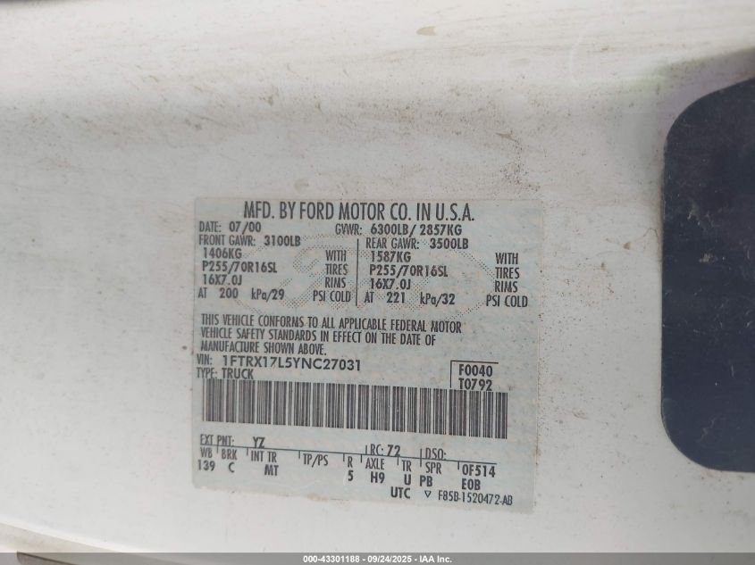 2000 Ford F-150 Lariat/Work Series/Xl/Xlt VIN: 1FTRX17L5YNC27031 Lot: 43301188