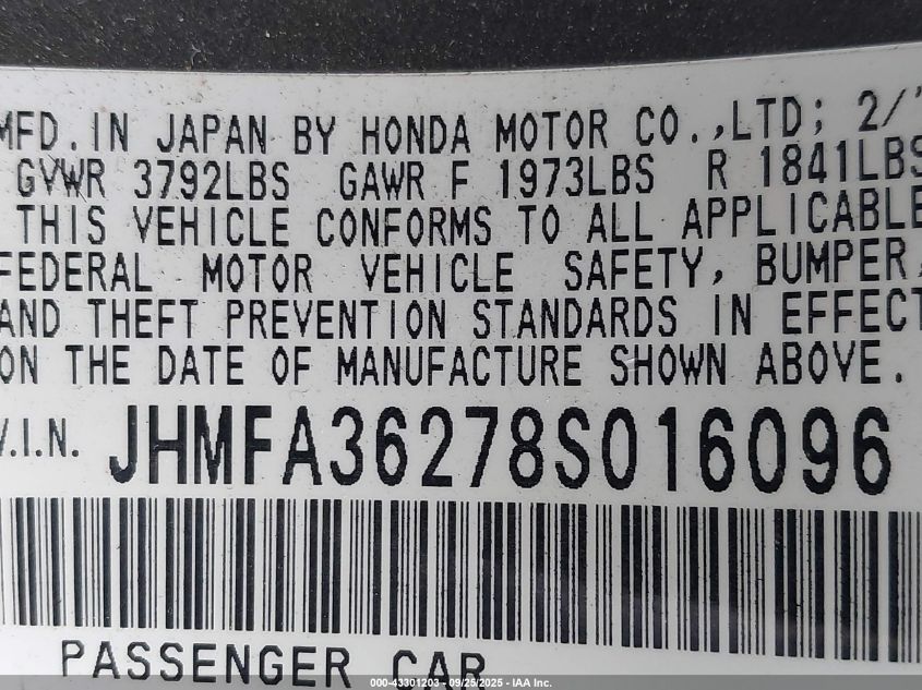 2008 Honda Civic Hybrid VIN: JHMFA36278S016096 Lot: 43301203