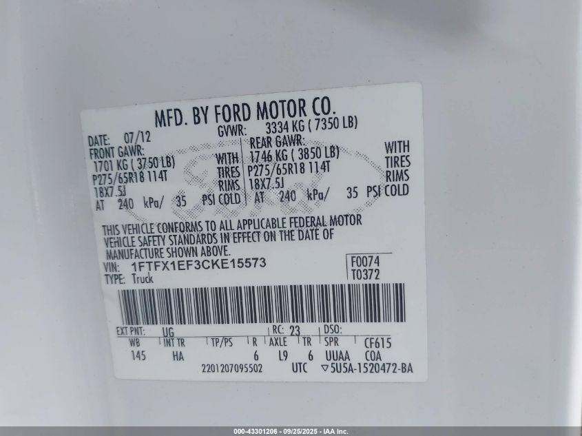 2012 Ford F-150 Lariat VIN: 1FTFX1EF3CKE15573 Lot: 43301206