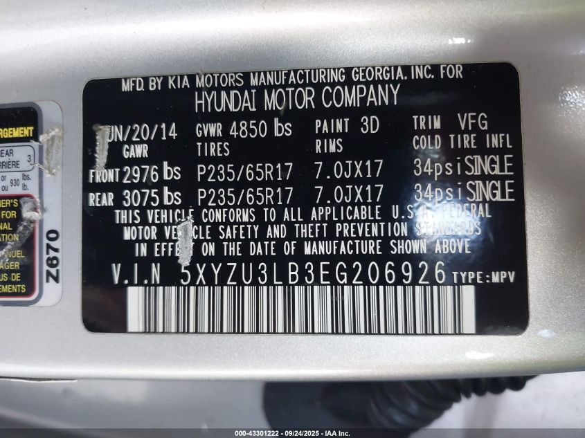 2014 Hyundai Santa Fe Sport 2.4L VIN: 5XYZU3LB3EG206926 Lot: 43301222