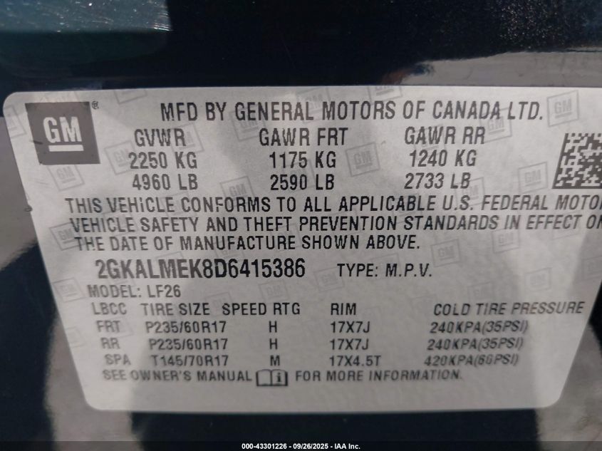 2013 GMC Terrain Sle-1 VIN: 2GKALMEK8D6415386 Lot: 43301226