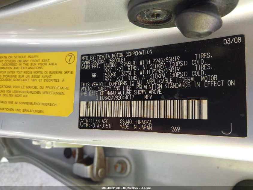 2008 Toyota Highlander Limited VIN: JTEDS42A982044017 Lot: 43301239