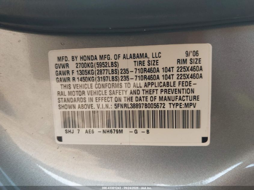 2007 Honda Odyssey Touring VIN: 5FNRL38897B005672 Lot: 43301243