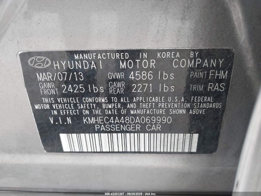 2013 Hyundai Sonata Hybrid VIN: KMHEC4A48DA069990 Lot: 43301287