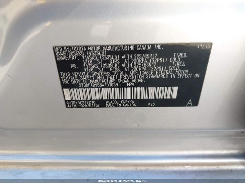 2011 Toyota Rav4 VIN: 2T3BF4DV6BW103099 Lot: 43301289